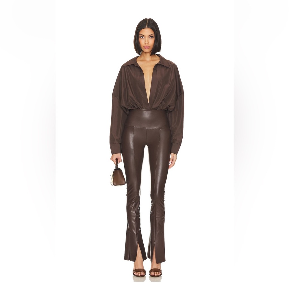 Norma Kamali Deep V Balloon Sleeve Blouse in Chocolate Brown - Picture 4 of 15